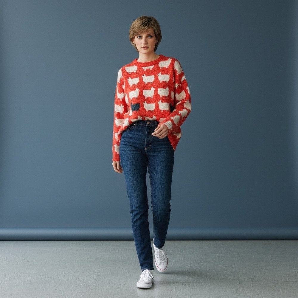 RARE Princess Diana Inspired Red Black Sheep Sweater Size Small 80s Jumper Icon - Picture 3 of 14